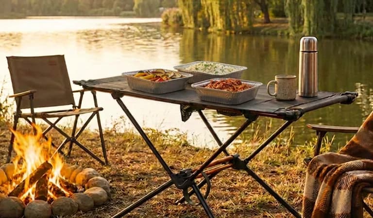 Food set out on a camp table by the lake at sunset