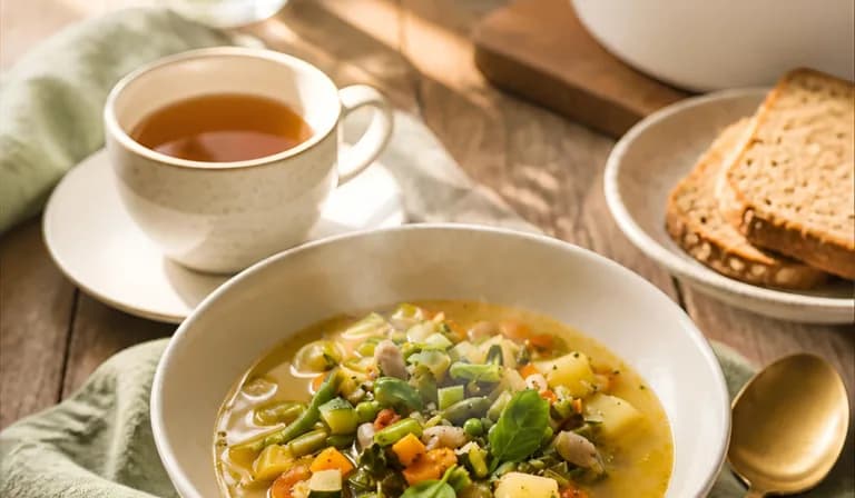 A bowl of vegetable soup with tea on a wooden table