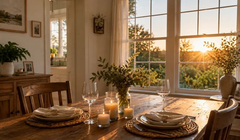 A candlelit table set for two at sunset